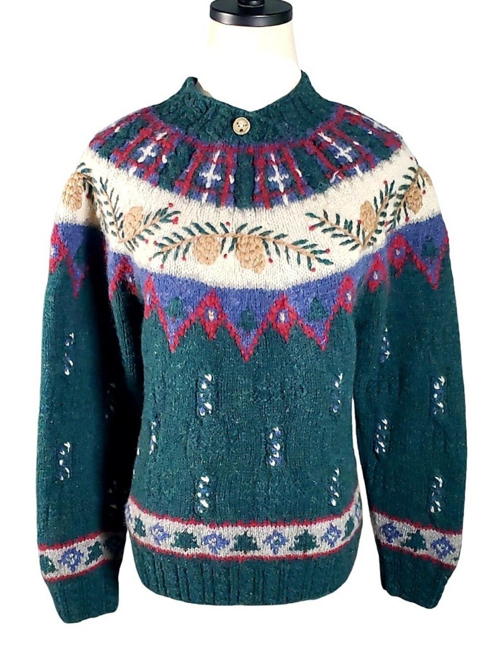 Vintage Talbots Wool Folk Winter Mountain Theme Pullover Hand Knit Sweater LP